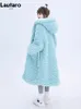 Pele feminina pele sintética Lautaro inverno longo oversized casual grosso quente azul grosso quente fuzzy fofo casaco de pele sintética feminino com capuz zíper moda 231030