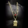 Hiphop Gouden Gekroonde Jezus Hoofd Hanger Sieraden Sets Vierkante Gem Crystal Dubbele Hangers Kettingen Set Cubaanse chain216A