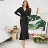 Casual Dresses Womens Mermaid V Neck Wrap Knit Sweater Dress Long Sleeve Bodycon Cocktail Party With Belt Elegant Evening Maxi