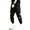 Мужские брюки уличная хип-хоп черные шаровары мужские с эластичной резинкой на талии в стиле панк с лентами повседневные тонкие брюки для бега 196m