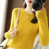 Women's Sweaters Autumn Winter O-neck Long Sleeve Yellow Pullovers Solid Bottoming Shirts Slim Fit Korean Fashion Jumpers Women Sweater