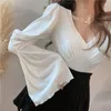 Work Dresses 2023 Spring Two-PieceSet Korean Chic Retro Elegant V-neck Slim Flared Sleeve T-shirt Top High Waist Ruffle Skirt Office Suit