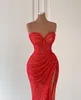 Robes de soirée sexy sirène rouge corsage os paillettes chérie plis robe de bal balayage train plis fendus robe longue pour occasion spéciale