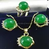 10mm Green Jades Earrings Ring & Necklace Pendant Set plated watch whole Quartz stone CZ crystal290G