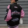 Kvinnors jackor dike baseballrosa jacka varsity y2k streetwear vinter kvinnor kläder långa racer lapptäcke bokstäver rockar