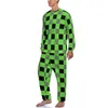 Pijamas masculinos Hard Gingham Pijamas Verde e Preto Masculino Mangas Compridas Kawaii Pijama Define Duas Peças Casual Diário Presente Gráfico