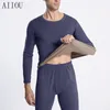 Men's Thermal Underwear Winter Fleece En Sets Tops Pants O Neck Long Sleeve Black Male John Thermo Clothes