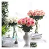 装飾的な花の花輪10pcs/lot装飾本物のタッチ素材人工ローズブーケホームパーティー偽シルクシングルステムフローラルd dhkpt