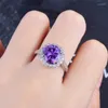Cluster Rings Silver Color Ring For Women Eternity Purple CZ Trendy Big Crystal Lovely Open Resizable Vintage