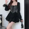 Vestidos casuais 2023 primavera vintage elegante preto doce princesa colar quadrado manga longa retalhos mulheres noite festa midi