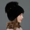 Chapeau en vraie fourrure de vison pour femmes, bonnet tricoté, bonnet de Ski chaud en plein air, chapeau de crâne avec pompon boule de renard