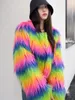 Women's Fur Faux Fur Streetwear Rainbow Striped Faux Fur Coat Women Imitation Goat Wool Luxury Furry Jacket Top Club Autumn Winter Clothes 231030