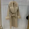 Misturas de lã feminina longo casaco misturado com grande gola de pele real moda fina jaqueta de inverno cinto outwear manguito 231030