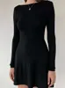 Mini robe à bandes dos nu pour femmes, taille haute, Slim, manches longues, noire, élégante, robes à lacets