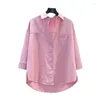 Kvinnors blusar skarvade rosa bomullsskjorta sida slits lös casual höst litterär stil topp cardigan hela säsongen