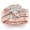 Eheringe Klassische Prinzessin 3 teile / satz Charme Rose Gold Zirkon Verlobungsring Jubiläumsgeschenk Braut Für Frauen Modeschmuck288U