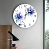 Orologi da parete Fiore dell'acquerello Orologio bianco blu Design moderno Arredamento casa colonica Cucina Decorazione vintage rotonda in PVC per soggiorno