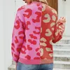 Camisolas femininas outono inverno rosa leopardo impressão cardigan mulheres camisola de malha com decote em v feminino 2023 colorblock casual botão casaco de malha