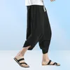 Men039s Pants Cotton Linen Cropped Pant Solid Casual Wide Leg Bloomers Drawstring Elastic Waist CalfLength Trousers Men Plus S1206213