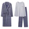 Homens sleepwear 3 pcs homens vestes conjunto moda xadrez roupão tops calças compridas pijamas homewear algodão nightsuit casual masculino roupas de casa