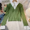 Kadın Sweaters Patchwork Gömlek Örme Süveter Faux İki PC KÜÇÜK ÜSTÜ ÜSTÜ MÜLKÜDE GÜNLÜK Düğmesi Uzun Kollu Bluz