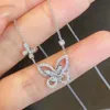 Women's Desinger Pendant Necklaces Rhinestone Titanium Steel Double Butterfly Necklace Female V Gold Hollow Solid Bow Knot Choker Chain For Gift Party