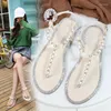 Sandals Women 2024 Summer Shoes Flat Pearl Comfortable String Bead Beach Slippers Casual Pink White Black