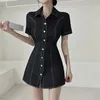 Party Dresses Korean Style Fashion Denim Dress 2023 Summer Short Sleeves Buttons Slim Shirt Chic Bright Line Blue Mini Jeans