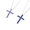 Hängen 925 Sterling Silver Classic Slim Box Chain Purple Blue Cubic Zirconia CZ Cross Pendant Necklace Girl Boy Jewelry