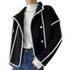 Women's Wool Blends High Quality Stand Collar Contrast Color Pearl Velvet Cropped Coats Spring Summer Casual Cardigans Jackets 231030