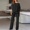 Kvinnors tvåbitar byxor Kvinnor Elegant Chiffon Suit One-Shulder Batwing ärmar Oregelbundna toppar Hög ALDS LOOK WIDE LEB Pant Ladies Casual