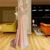 Superbes cristaux dentelle sirène robes de soirée Dubaï arabe turc manches longues femmes formelle occasion robes de soirée col en V deuxième réception robe de fiançailles CL2854