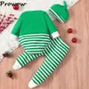 Kläder sätter Prowow 0 18m My First Christmas Baby Outfits Cartoon Deer Romper Randed Footed Pants Hatt Happy Year Costume 2024 231030