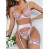 Nuovo design Set di lingerie sexy Hot sexy viola chiaro Lingerie ricamo donna tre pezzi reggiseno slip set biancheria intima sexy da donna