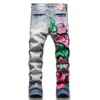 Retro Blue Ripped Jeans For Men Slim-fit Stretch Printed and Dyed Denim Pants Personality Color Graffiti Streetwear