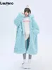 Pele feminina pele sintética Lautaro inverno longo oversized casual grosso quente azul grosso quente fuzzy fofo casaco de pele sintética feminino com capuz zíper moda 231030