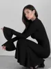 Abito maxi patchwork in maglia allentata elegante casual a vita alta a maniche lunghe in maglia nera sottile da donna