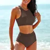 Women's Swimwear Black Swimming Suit For Women High Waist Two-Piece Leaf Print Bikinis Sets Female Bathing Maio Feminino Praia