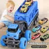 Diecast Model Deformable Rail Car Ejektion Folding Big Truck Toys for Kids Container Transporter Playset Children Gift 231031