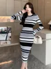 Casual Dresses Fashion Round Collar Striped Patchwork Knitted Dress Women's Autumn Long Sleeve High Waist Slim Elegant Sweater Bottom