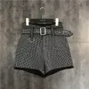 Moda europeia novo design feminino cintura alta com faixas de cinto strass shinny bling retalhos solto plus size shorts trou255t