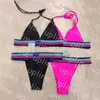 Costume da bagno donna sexy bikini allacciato all'americana reggiseno push up reggiseno costumi da bagno lettera stampata vita bassa biquinis set costume da bagno due pezzi senza schienale