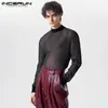 Men's Polos INCERUN Men T Shirts Shiny Mesh Patchwork Streetwear O neck Long Sleeve Camisetas 2023 Transparent Sexy Fashion Clothing 5XL 231031