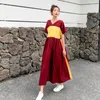 Ethnic Clothing Modern Kimono Japanese Vintage Style Splicing Yellow Bow Lacing Short Sleeve High Waist V-Neck Long Dresses Soft Thin Yukata