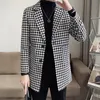 Męskie mieszanki wełny Houndstooth Lapel średniej długości płaszcza wiatrówki zimowy garnitur kołnierz mody nadruk swobodny płaszcz streetwearu streetwearu 231030