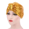 エスニック服エレガントな女性スパンコールノットターバン帽子輝くイスラム教徒のスクローボンネットフェムムスラムヘッドラップキャップヘアを着用する準備ができている