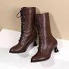 Stövlar kvinnor stövlar chaussure booties vintage pu läder mitt klackar pumpar gladiator snör upp skor kvinna zapatos mujer sapato vinter 220901