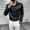 Camisas casuais masculinas completas elegantes homem de luxo de seda branca camisa de seda masculina jantar flores de cetim, suave vestido de vestuário preto