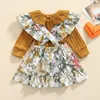 Conjuntos de ropa 2022 0-18M Sweet Baby Girl Marrón Sólido Manga larga Cuello con volantes Camisa de punto Mameluco Floral Vestido de tirantes de cintura alta