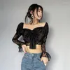 القمصان النسائية Xuxi Square Square Lace Stitching Thin Top Women Top Load Bow Long Sleeved Sexy Short Summer 2022 E3155